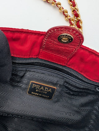 Red Quilted Nylon Chain Shoulder Bag