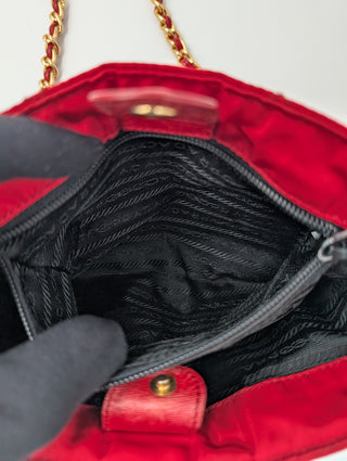 Red Quilted Nylon Chain Shoulder Bag