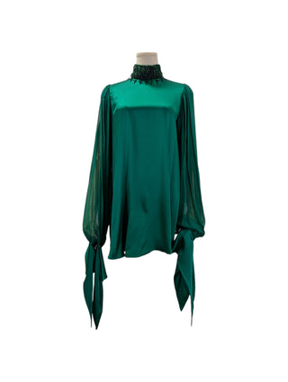 Green Silk Blouse With Beaded Collar