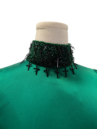 Green Silk Blouse With Beaded Collar