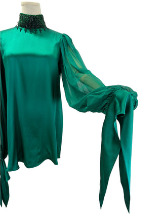 Green Silk Blouse With Beaded Collar