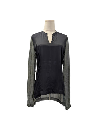 Black And Dark Green Sheer Silk V-Neck Shirt