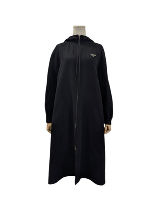 Black Logo Plaque Zipped Hooded Coat