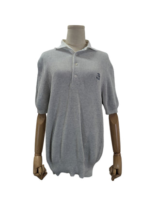 Grey Knitted Striped Logo Polo Shirt