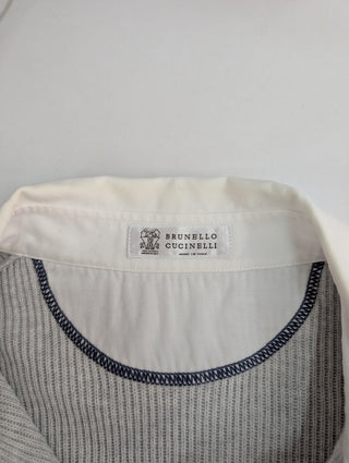 Grey Knitted Striped Logo Polo Shirt