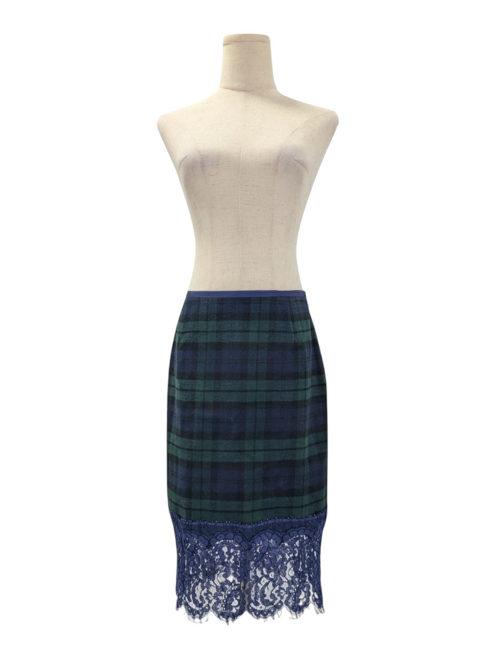 Sacai Luck Blue And Green Plaid Skirt With Lace Trimmings