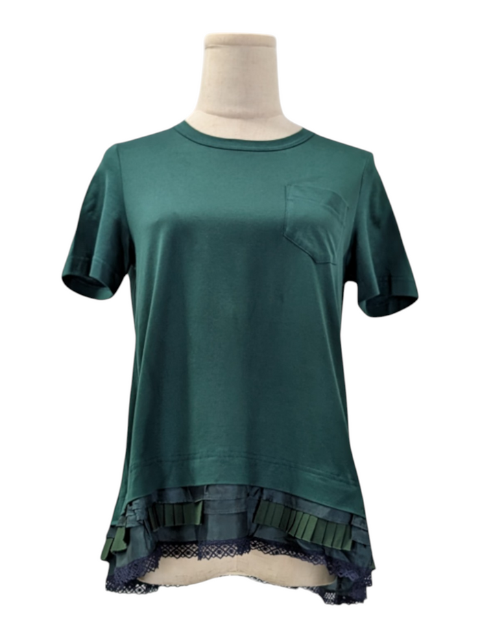 Sacai Green Cotton Tee With Iconic Trimming Ends