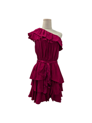 Wine Red One-Shoulder Ruffle Silk Dress