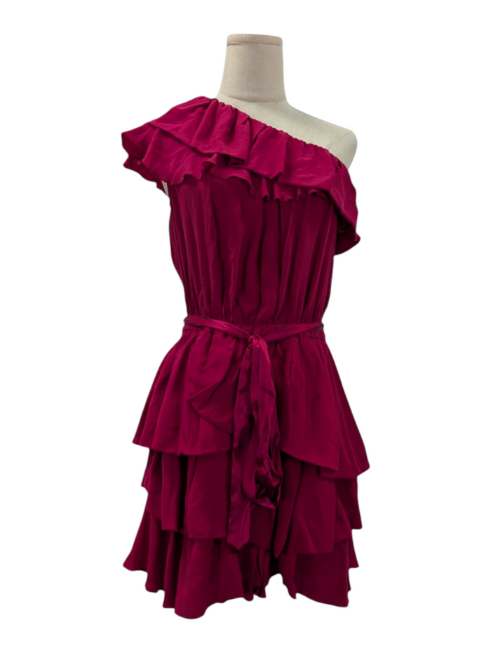 Isabel Marant Wine Red One-Shoulder Ruffle Silk Dress