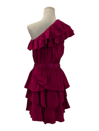 Isabel Marant Wine Red One-Shoulder Ruffle Silk Dress, back