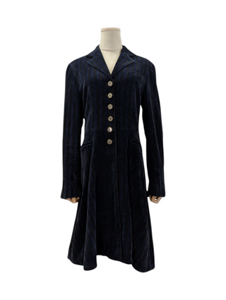 Dark Blue Striped Velvet Coat With Embellished Buttons
