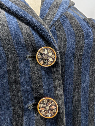 Dark Blue Striped Velvet Coat With Embellished Buttons