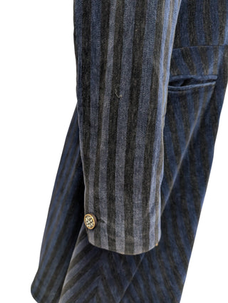 Dark Blue Striped Velvet Coat With Embellished Buttons