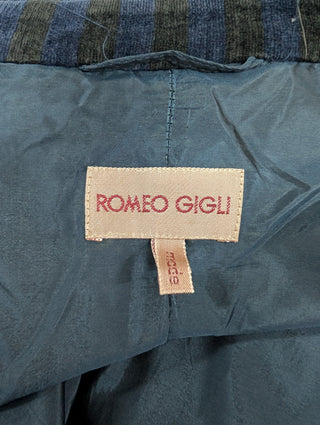 Dark Blue Striped Velvet Coat With Embellished Buttons