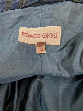 Dark Blue Striped Velvet Coat With Embellished Buttons