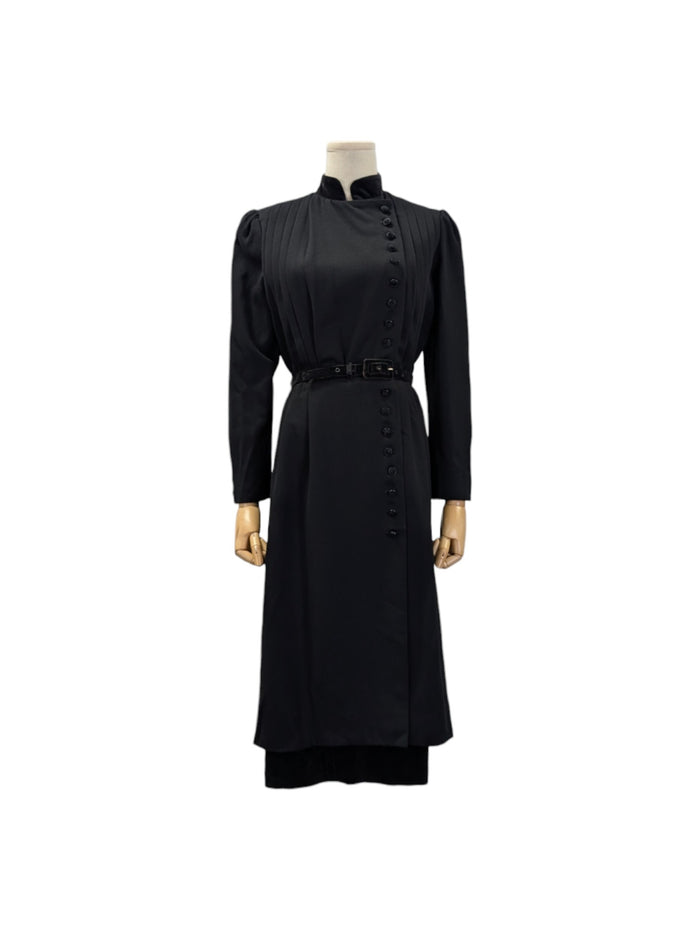 Black Wool and Velvet Coat Dress with Belt