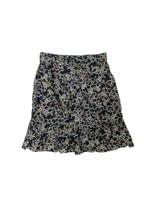 Dark Blue Overall Printed Linen Skirt With Ruffle Ends