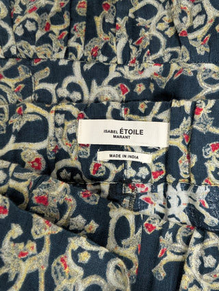 Dark Blue Overall Printed Linen Skirt With Ruffle Ends