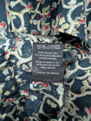 Dark Blue Overall Printed Linen Skirt With Ruffle Ends