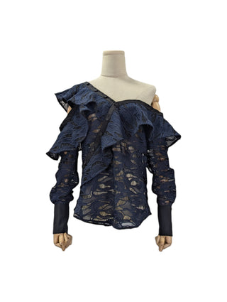 Navy Blue Cotton Lace Long Sleeve Top