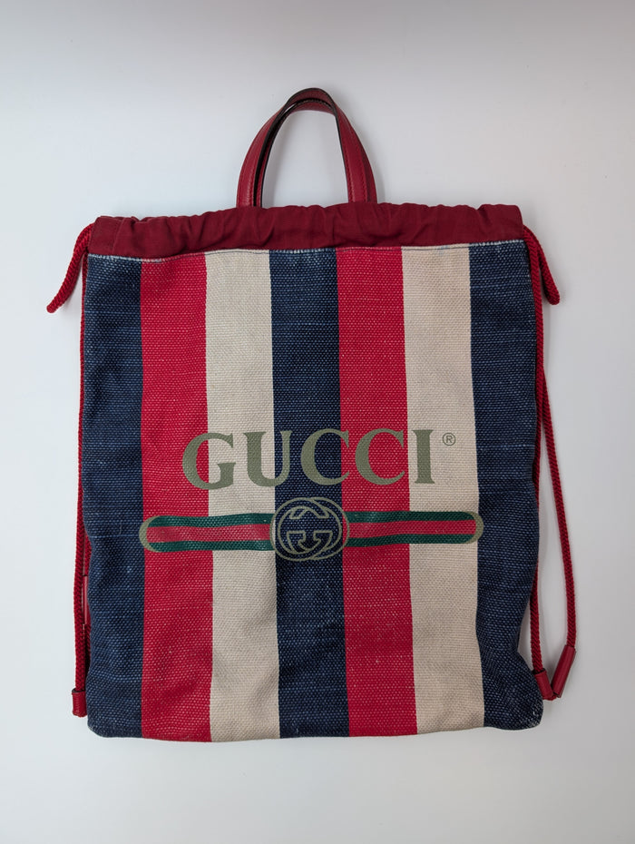 Gucci Canvas Sylvie Stripe Logo Drawstring Backpack