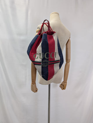 Gucci Canvas Sylvie Stripe Logo Drawstring Backpack