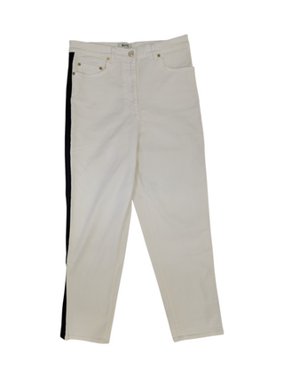 Gauche White Cotton Straight Leg Jeans With Black Stripes On The Side