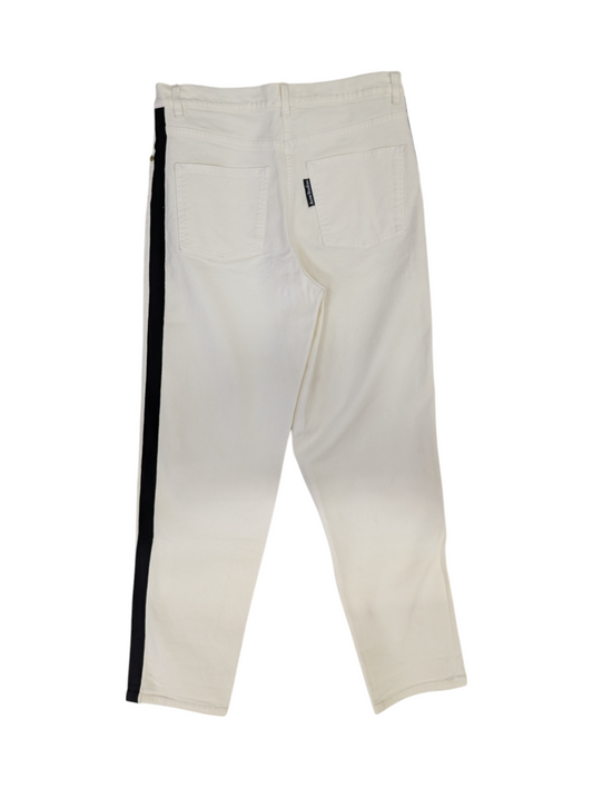 Gauche White Cotton Straight Leg Jeans With Black Stripes On The Side