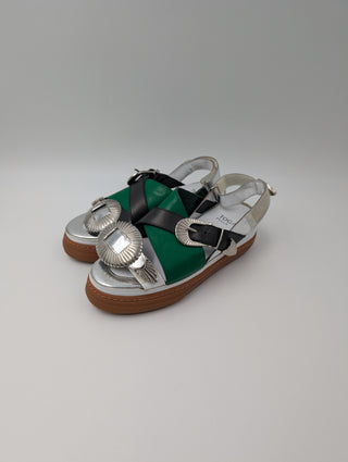 Toga Pulla Green And Silver Open-Toed Shoes With Iconic Detail