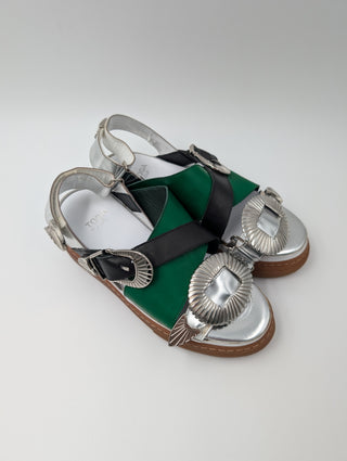 Toga Pulla Green And Silver Open-Toed Shoes With Iconic Detail