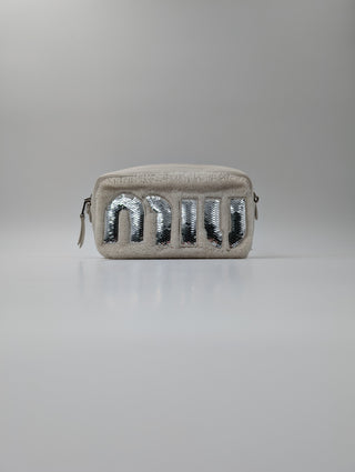 Miu Miu White Leather Logo Crossbody Bag Sequin Embellished Shearling