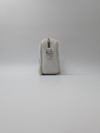 Miu Miu White Leather Logo Crossbody Bag Sequin Embellished Shearling