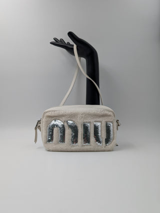 Miu Miu White Leather Logo Crossbody Bag Sequin Embellished Shearling