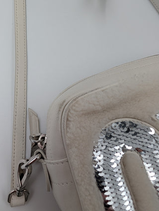 Miu Miu White Leather Logo Crossbody Bag Sequin Embellished Shearling