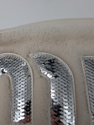 Miu Miu White Leather Logo Crossbody Bag Sequin Embellished Shearling