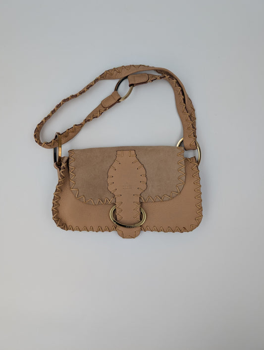 Beige Leather And Suede Whipstitch Shoulder Bag