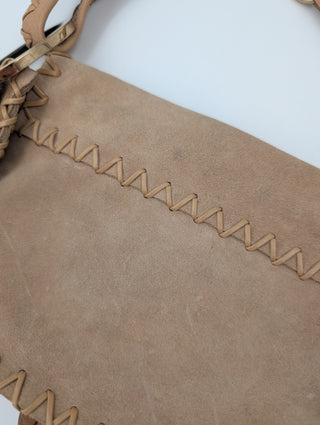 Beige Leather And Suede Whipstitch Shoulder Bag
