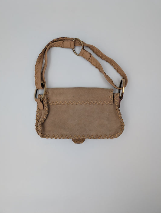 Beige Leather And Suede Whipstitch Shoulder Bag