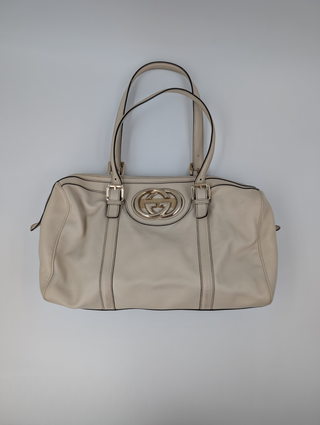 Beige Leather Bowling Bag