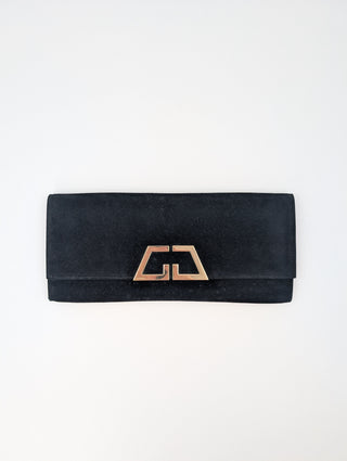 Black Suede Clutch With Gold Logo