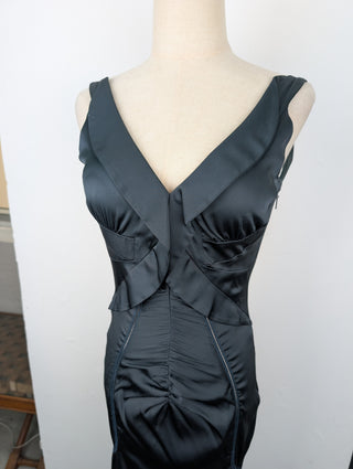 Dark Green Dress With Ruffles And Ruched Front