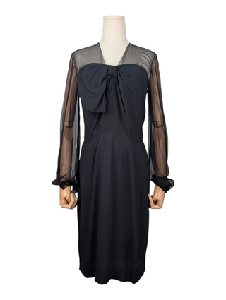 Black Dress With Sheer Sleeves And Ribbon At The Front
