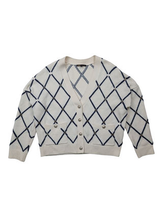 Beige With Navy Diamond-Pattern Cardigan