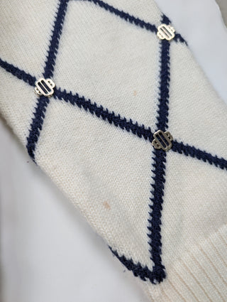 Beige With Navy Diamond-Pattern Cardigan