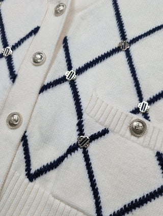 Beige With Navy Diamond-Pattern Cardigan