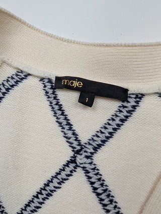 Beige With Navy Diamond-Pattern Cardigan