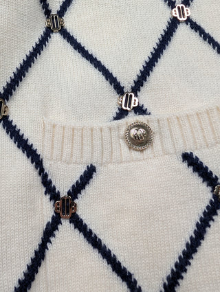 Beige With Navy Diamond-Pattern Cardigan