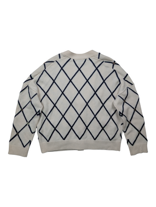 Beige With Navy Diamond-Pattern Cardigan