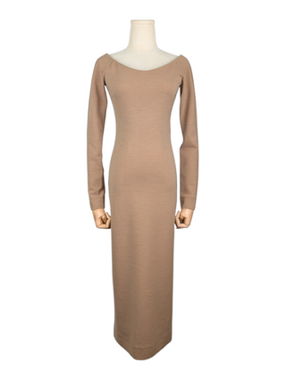 Camel Off Shoulder K Stretch Wool Jersey Midi Dress