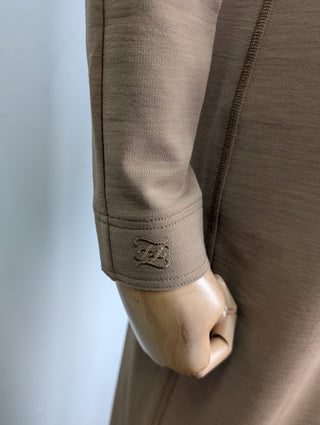 Camel Off Shoulder K Stretch Wool Jersey Midi Dress